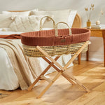 The Little Green Sheep Organic Knitted Moses Basket, Mattress & Natural Foldable Stand - Terracotta