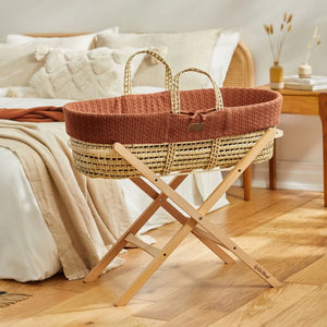 The Little Green Sheep Organic Knitted Moses Basket, Mattress & Natural Foldable Stand - Terracotta