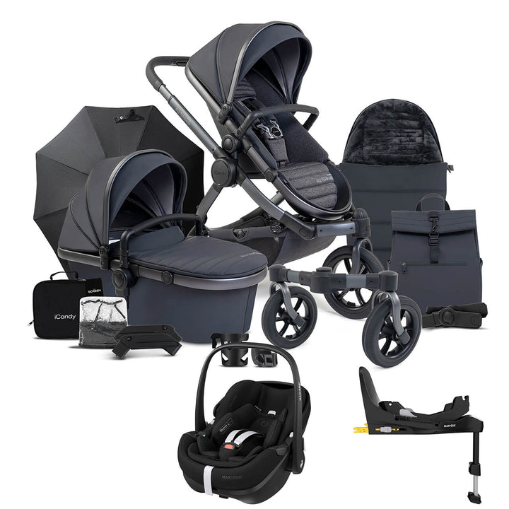 iCandy Peach 7 All-Terrain Complete Pushchair Bundle with Maxi-Cosi Pebble 360 Pro Car Seat & Base - Storm Grey