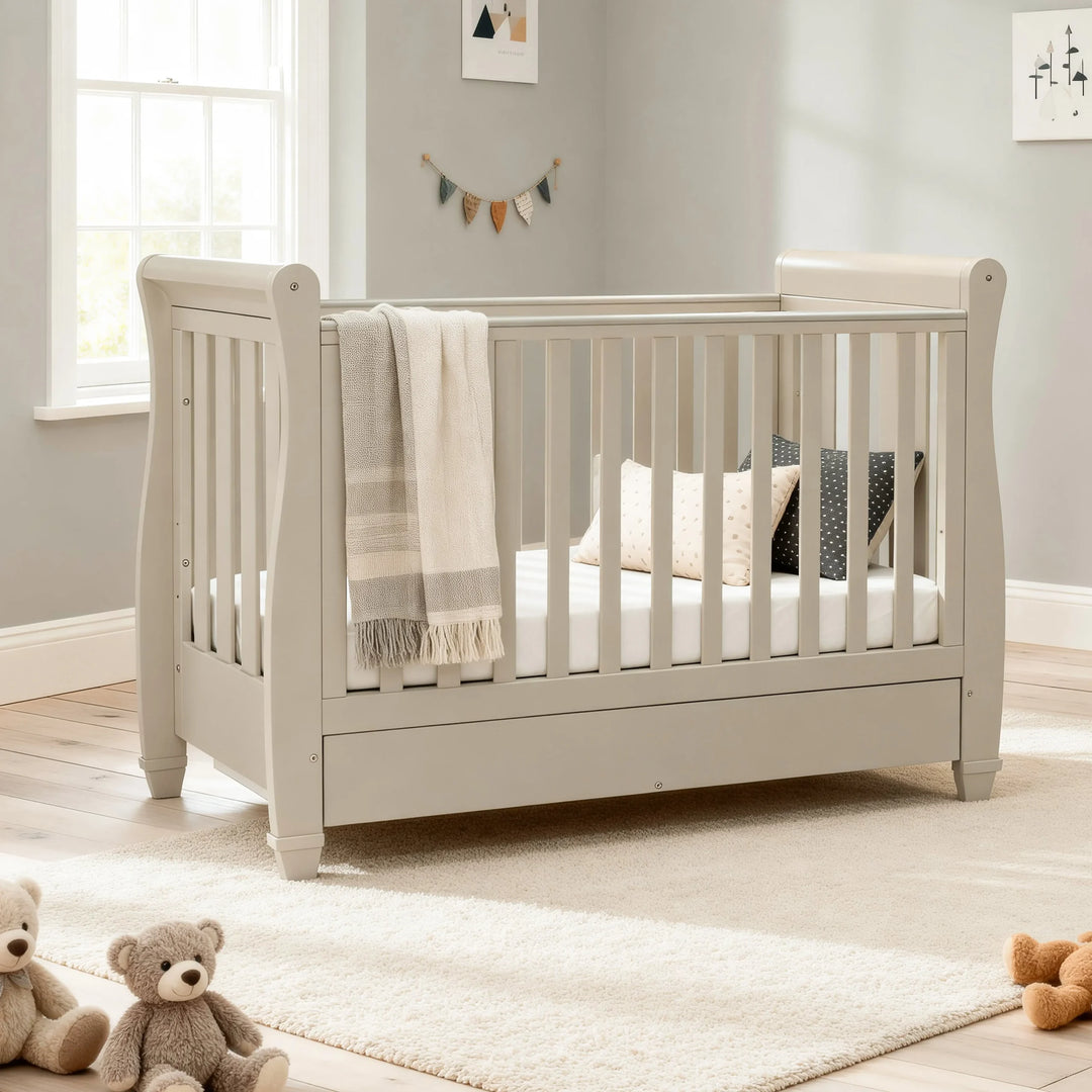 Babymore Eva Sleigh Cot Bed with Drawer – Cashmere