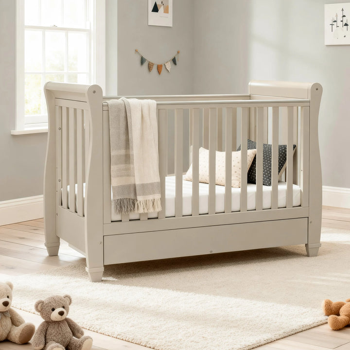 Babymore Eva Sleigh Cot Bed with Drawer – Cashmere