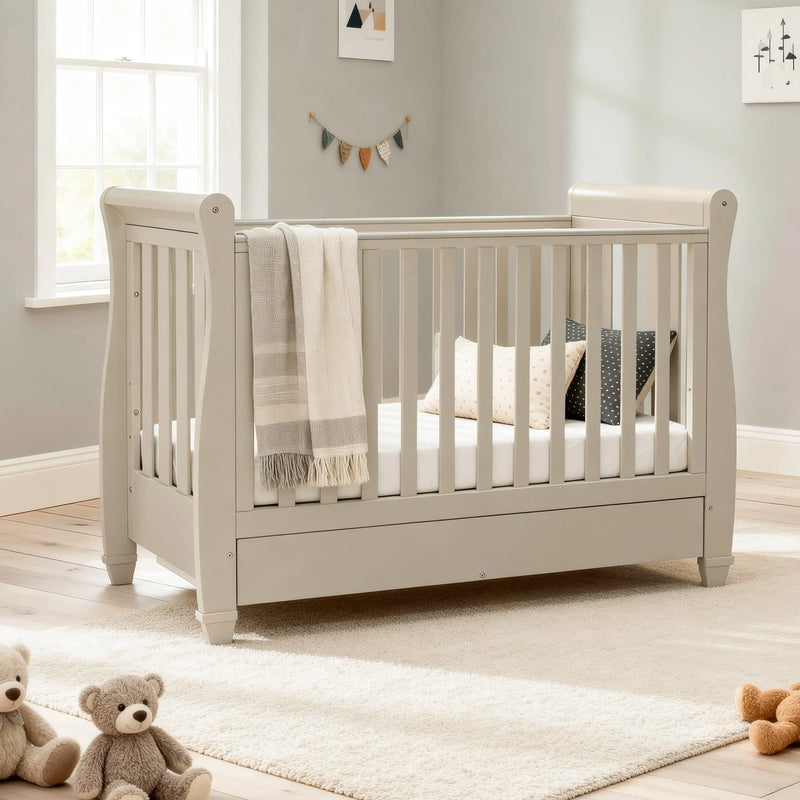Babymore Eva Sleigh Cot Bed with Drawer – Cashmere