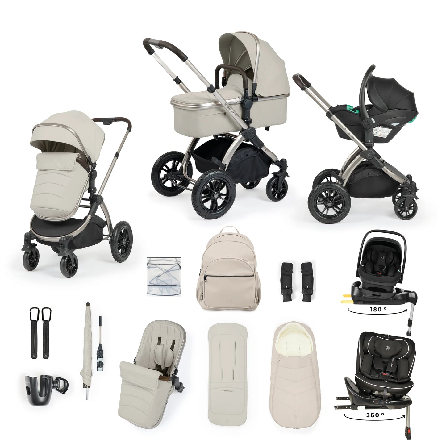 Ickle Bubba Stomp Luxe Elements Edition 16 Piece Pram & Radial Spin Car Seat Bundle - Moonbeam
