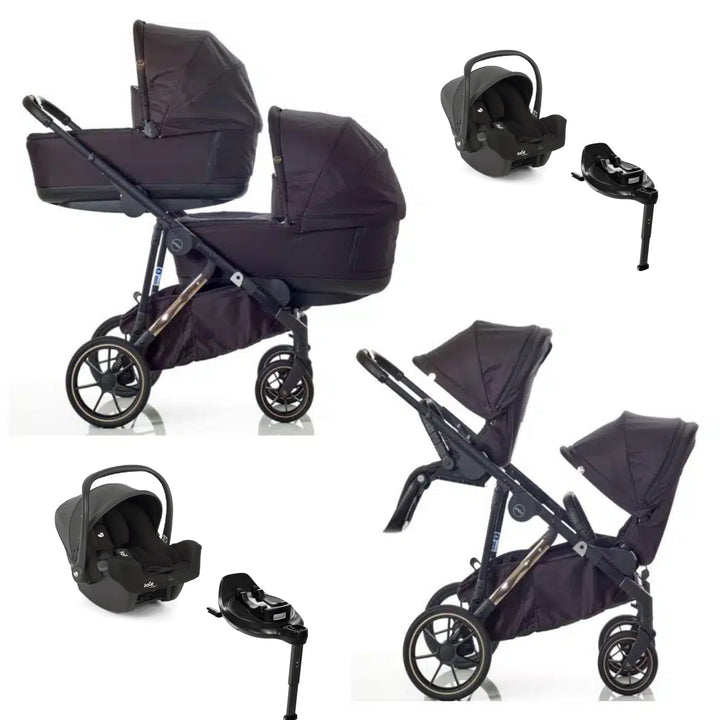 Mee-Go UNO+ Twin Tandem Travel System Bundle Inc Joie I-Snug + Encore 360 Bases - Black/Rose