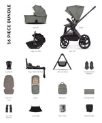 Venicci Upline3 Travel System Inc Tiago Car Seat & 360 Base 16 Piece Ultimate Bundle - Aloe