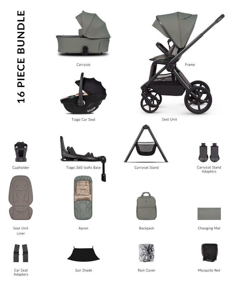 Venicci Upline3 Travel System Inc Tiago Car Seat & 360 Base 16 Piece Ultimate Bundle - Aloe