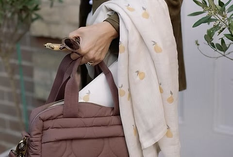 Ralphie Bear Quilted Stroller Bag - Brown/Pears Print