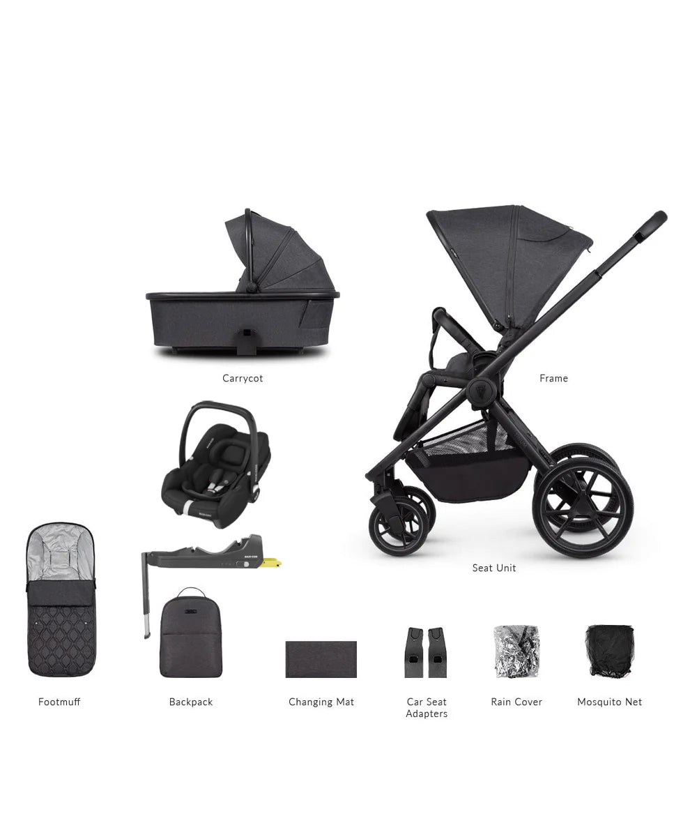 Venicci Tinum Edge, Cabriofix Isize + Isofix Base, Oyster Wiggle Crib + Kinderkraft Lumi2 Swing Bundle - Charcoal Dark Grey