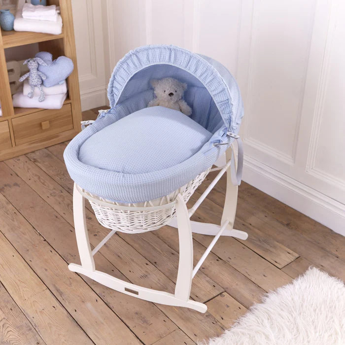 Clair De Lune Blue Waffle White Wicker Moses Basket + Rocking Stand