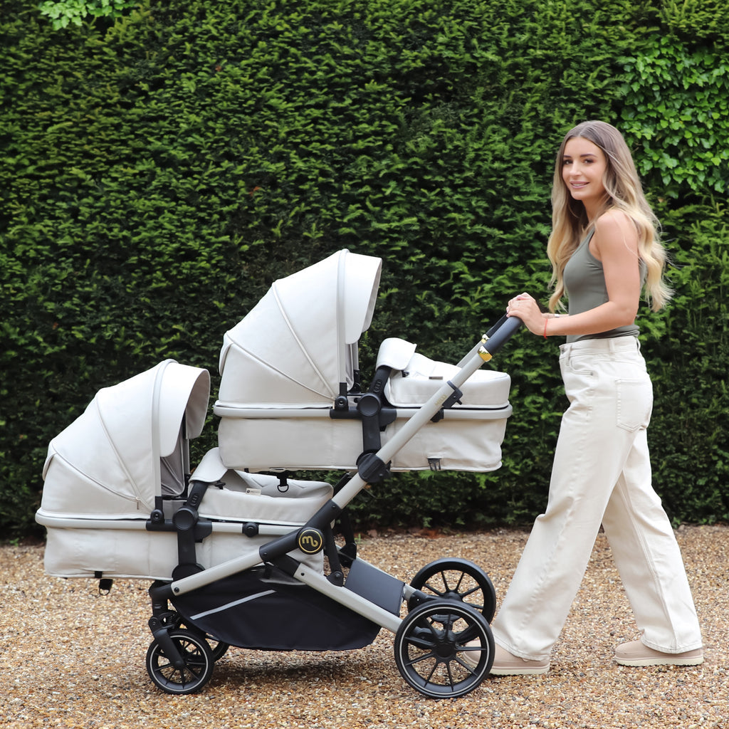 My Babiie MB33 Tandem Pushchair with 2 Infant Carriers & 2 Bases - Ivory