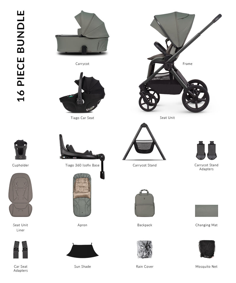 Venicci Upline3 Travel System Inc Tiago Car Seat & 360 Base 16 Piece Ultimate Bundle - Aloe