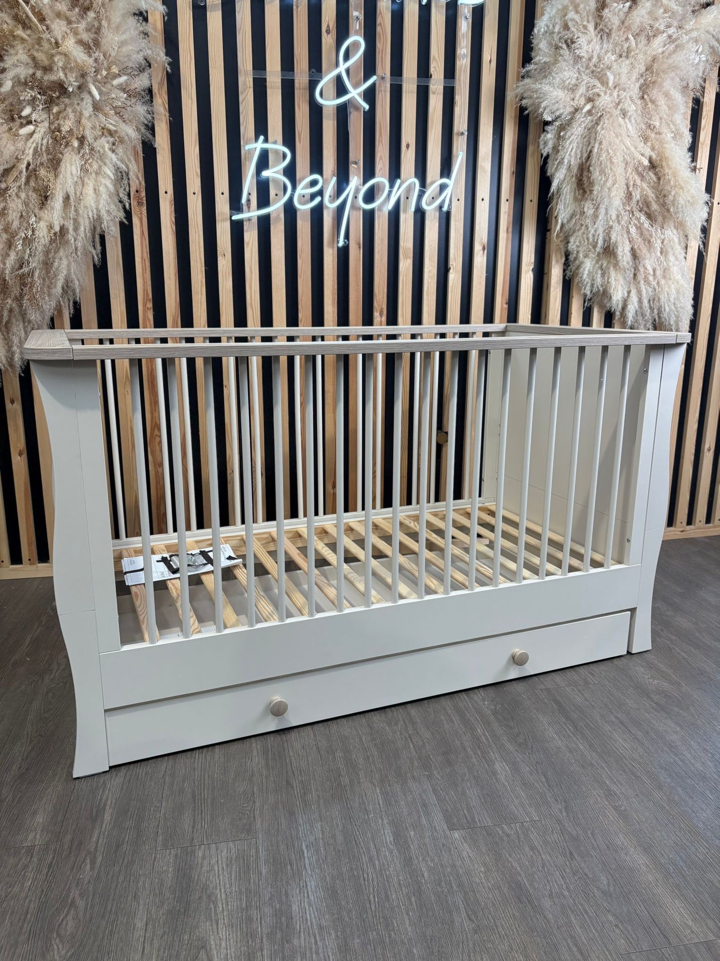 EX DISPLAY Little Acorns Celeste Cot Bed with Under Drawer – Cashmere/Grey Ash COLLECTION OR LOCAL DELIVERY ONLY