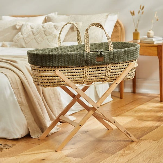 The Little Green Sheep Organic Knitted Moses Basket, Mattress & Natural Foldable Stand - Juniper