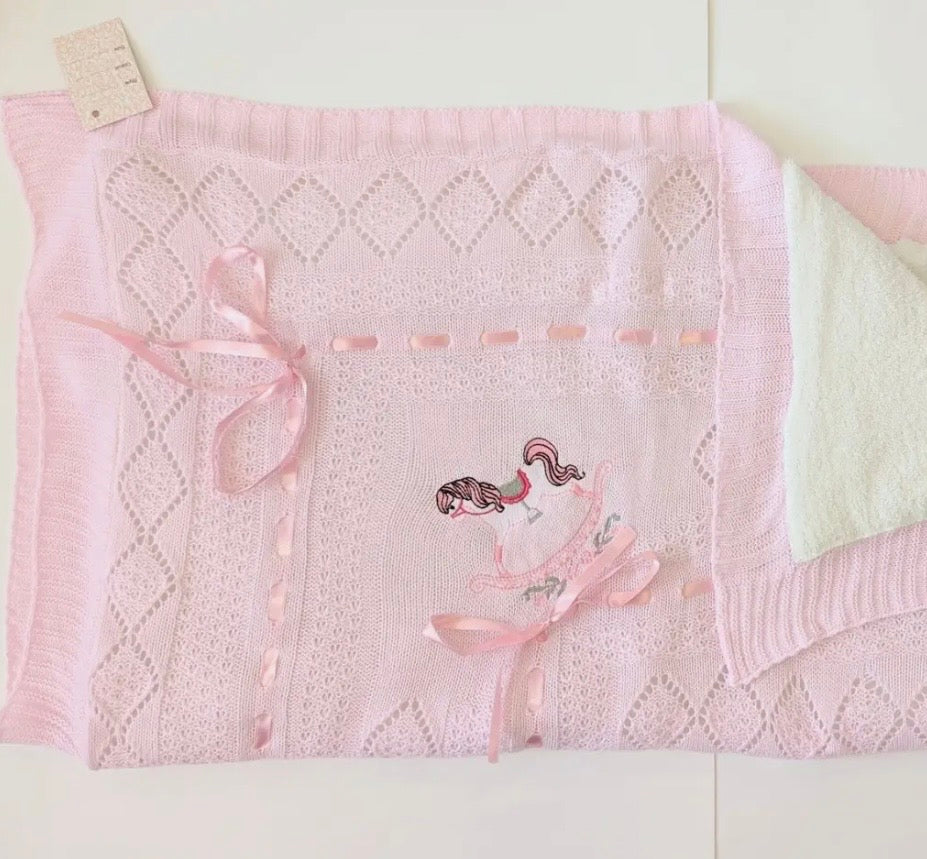 Beau Kid Rocking Horse Knitted Baby Blanket - Pink