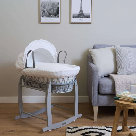 Clair De Lune Waffle Grey Wicker Moses Basket + Deluxe Rocking Stand - White