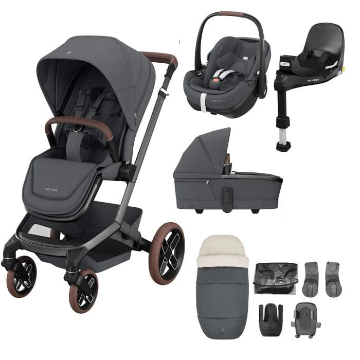 Maxi-Cosi Fame 14 Piece Premium Travel System + Home Bundle - Twillic Graphite/Brown