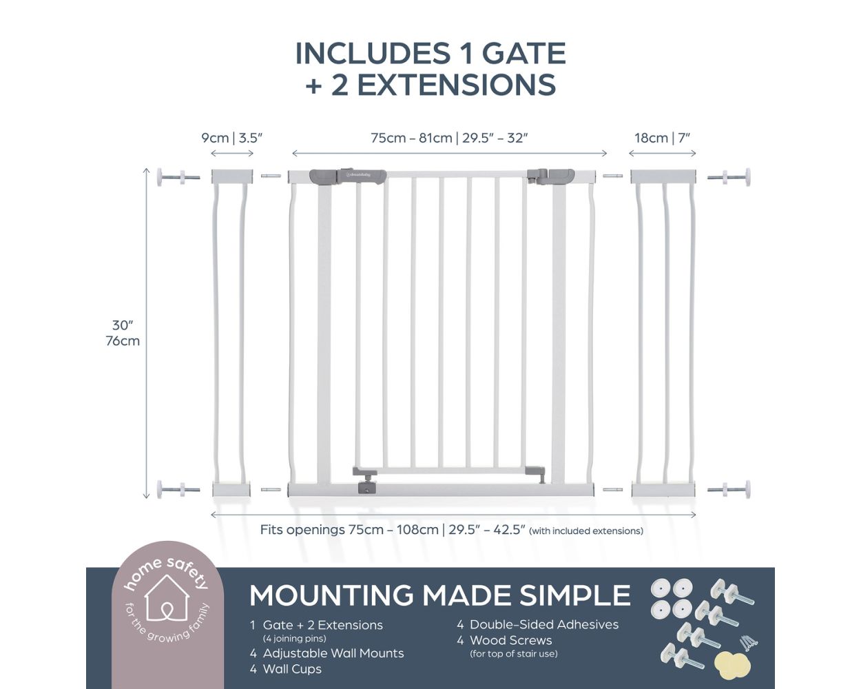 Dreambaby Ava Gate + 9cm + 18cm Extension White
