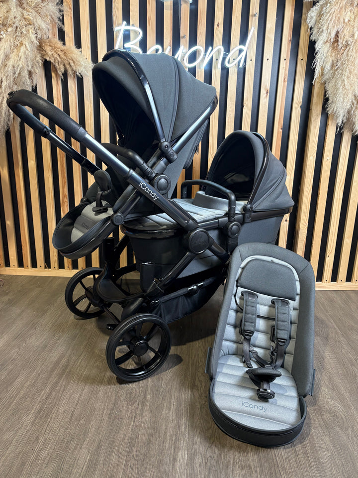 PRE LOVED iCandy Peach 7 Double Pushchair Bundle - Phantom/Dark Grey