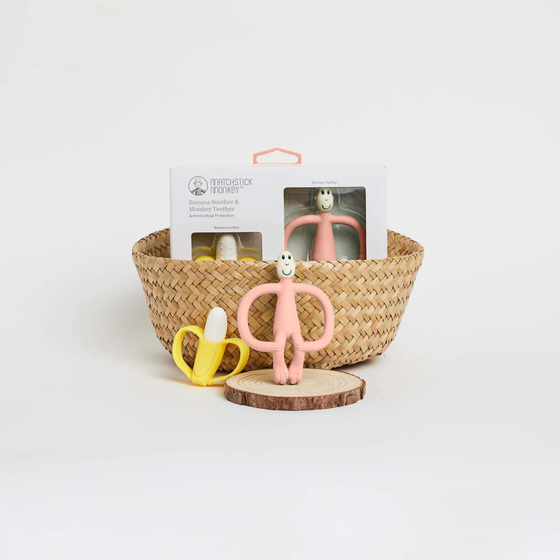Matchstick Monkey & Banana Teether Gift Set - Dusty Pink