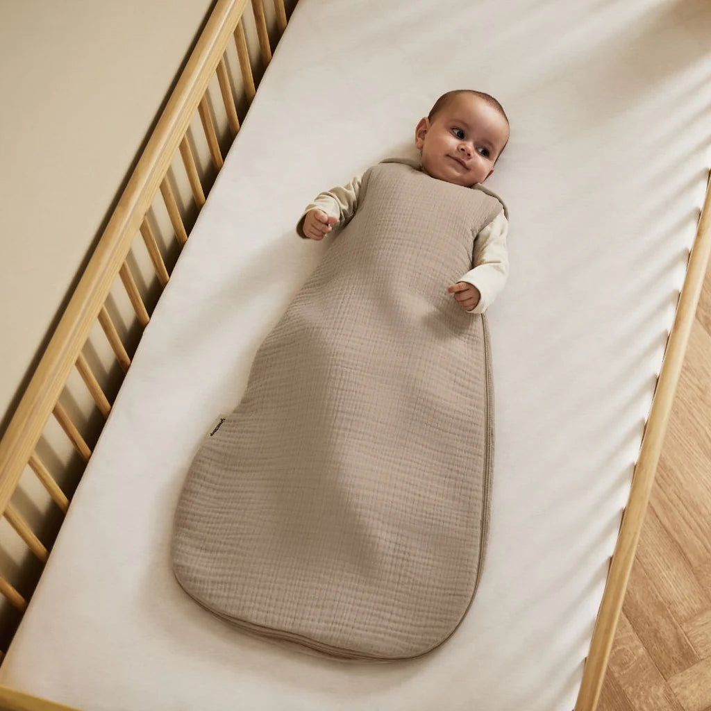 The Little Green Sheep Organic Muslin Baby Sleeping Bag in Truffle - 2.5 Tog