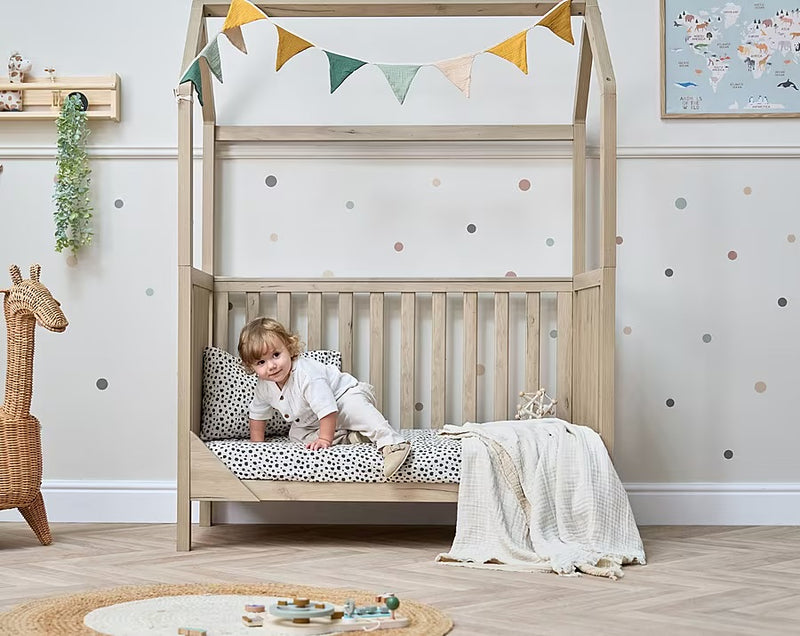 Tutti Bambini Casa 3 in 1 Mini Cot Bed + Roof Accessory Pack + Pocket Spring Mattress - Harvest Oak