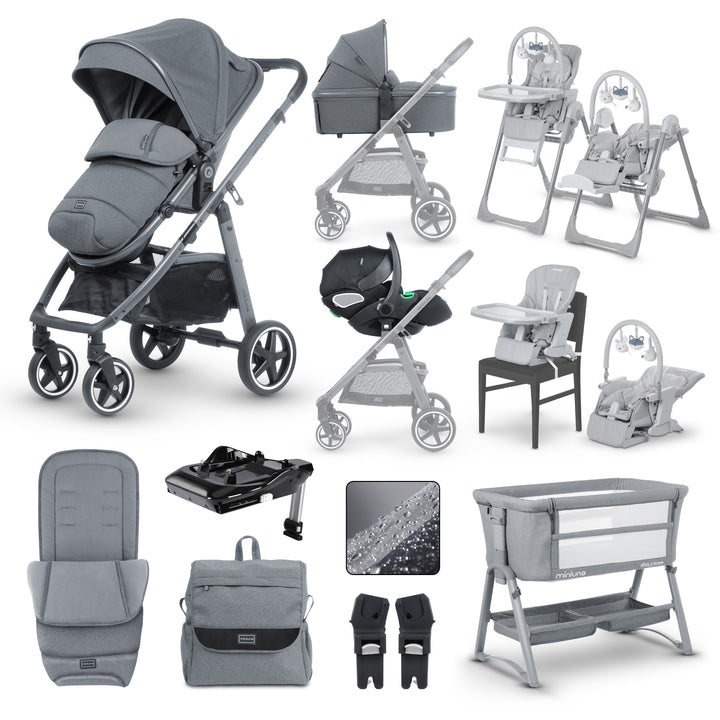 Miniuno VenToura Travel System, Isofix Base, Yumo MultiPlus Highchair & StayClose Bedside Crib - Anthracite