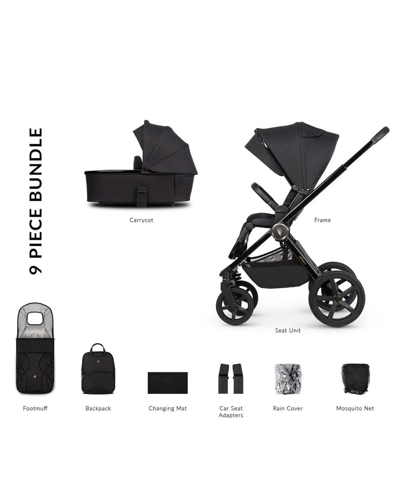 Venicci Upline2 Pushchair, Carrycot + Accessories Travel System Bundle - All Black
