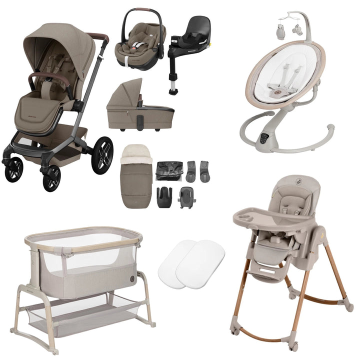 Maxi-Cosi Fame 14 Piece Premium Travel System + Home Bundle - Twillic Truffle/Black