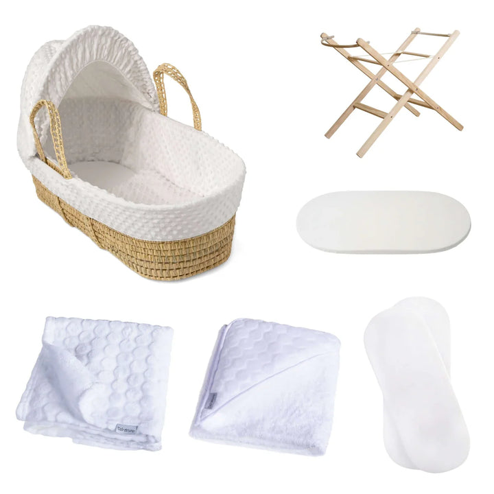 Clair De Lune Dimple Palm Moses Basket With Stand & Bedding Bundle