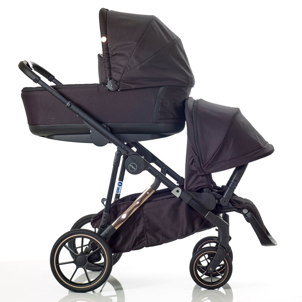 Mee-Go UNO+ Twin Tandem Travel System Bundle Inc Joie I-Snug + Encore 360 Bases - Black/Rose