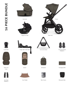 Venicci Upline3 Travel System Inc Tiago Car Seat & 360 Base 16 Piece Ultimate Bundle - Truffle