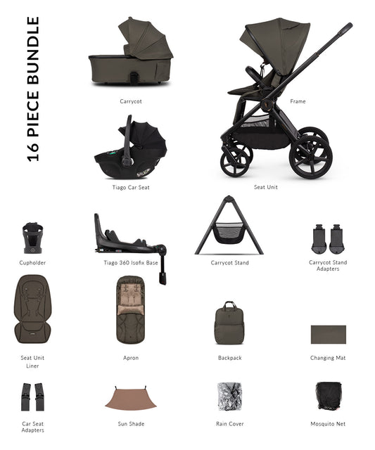 Venicci Upline3 Travel System Inc Tiago Car Seat & 360 Base 16 Piece Ultimate Bundle - Truffle