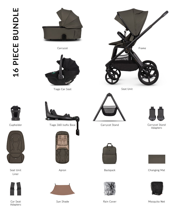 Venicci Upline3 Travel System Inc Tiago Car Seat & 360 Base 16 Piece Ultimate Bundle - Truffle
