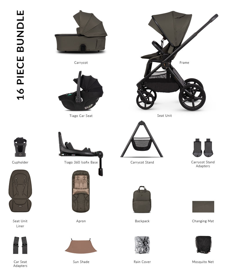 Venicci Upline3 Travel System Inc Tiago Car Seat & 360 Base 16 Piece Ultimate Bundle - Truffle