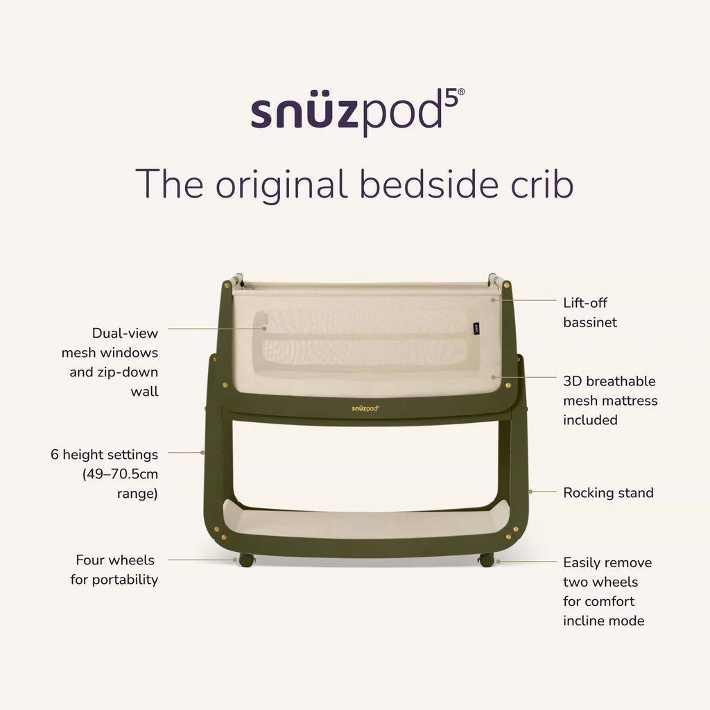SnuzPod5 Bedside Crib - Olive