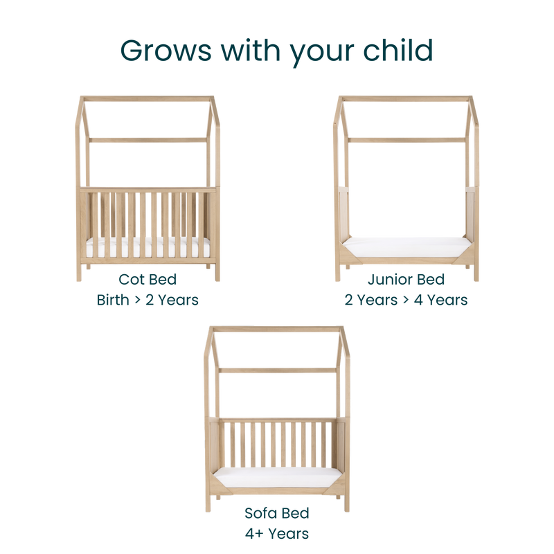 Tutti Bambini Casa 3 in 1 Mini Cot Bed + Roof Accessory Pack + Pocket Spring Mattress - Harvest Oak