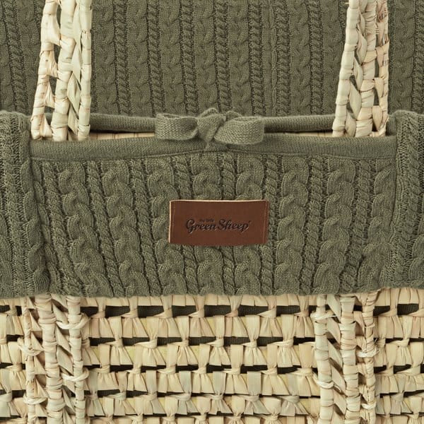 The Little Green Sheep Organic Knitted Moses Basket, Mattress & Natural Foldable Stand - Juniper