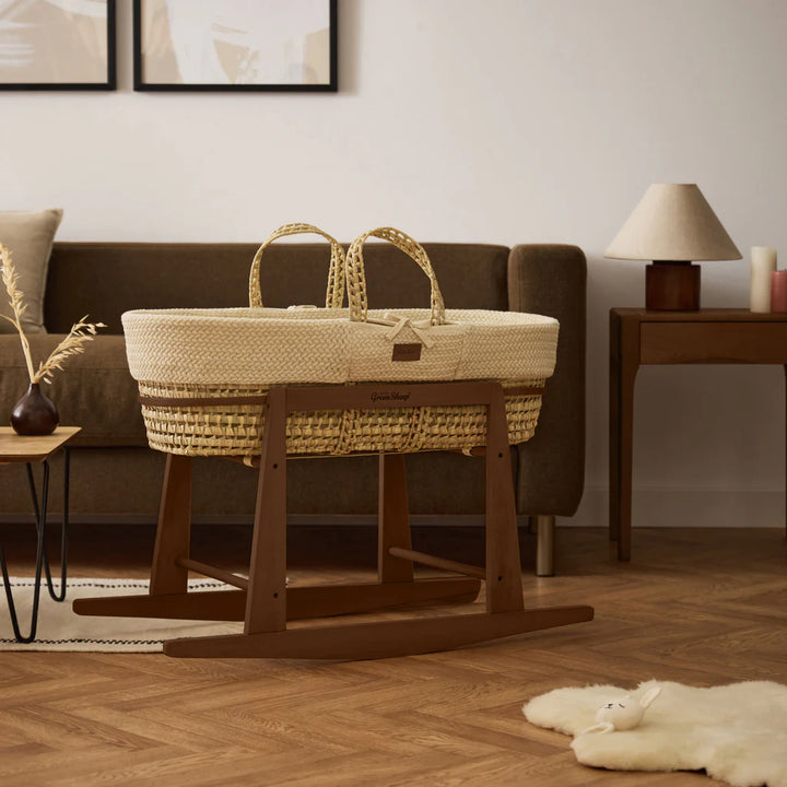 The Little Green Sheep Organic Wheat Knitted Moses Basket, Mattress & Walnut Rocking Stand - Linen