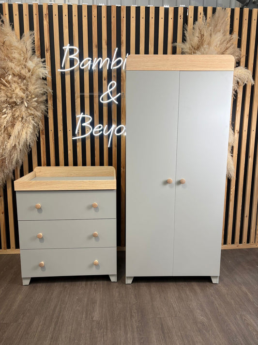 EX DISPLAY Little Acorns Malmo Changing Drawers & Wardrobe Duo - Grey/Oak COLLECTION ONLY