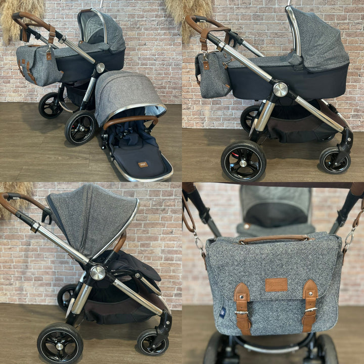 PRE LOVED Mamas And Papas Ocarro Moon Tweed Pushchair Travel System – Navy Blue Parquet