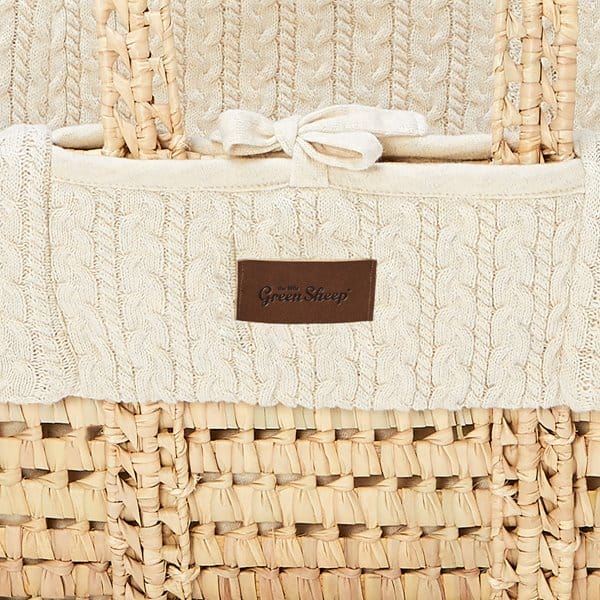 The Little Green Sheep Organic Knitted Moses Basket, Mattress & Natural Foldable Stand - Linen