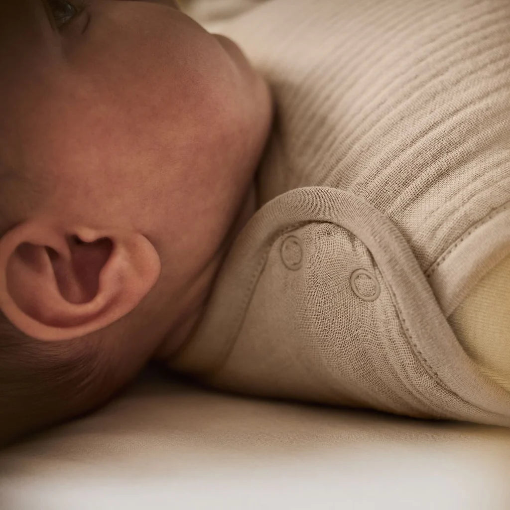 The Little Green Sheep Organic Muslin Baby Sleeping Bag in Truffle - 2.5 Tog