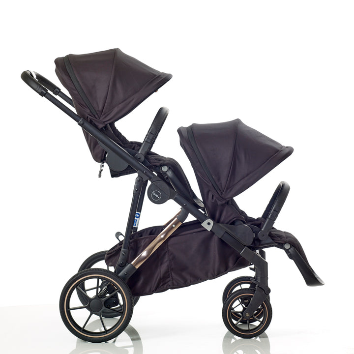 Mee-Go UNO+ Twin Tandem Travel System Bundle Inc Joie I-Snug + Encore 360 Bases - Black/Rose