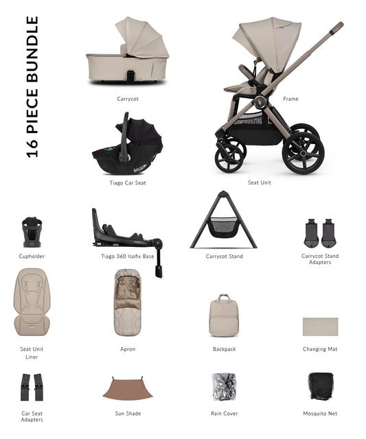 Venicci Upline3 Travel System Inc Tiago Car Seat & 360 Base 16 Piece Ultimate Bundle - Pebble
