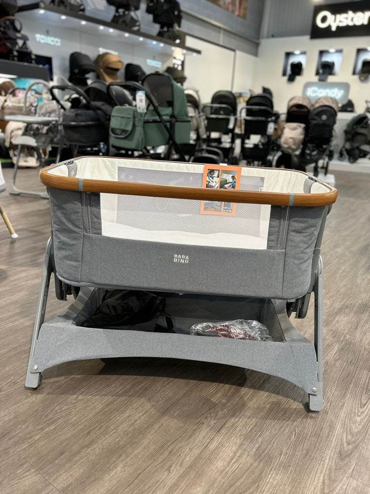 EX DISPLAY Bababing Bedside Crib - Grey Inc Protector