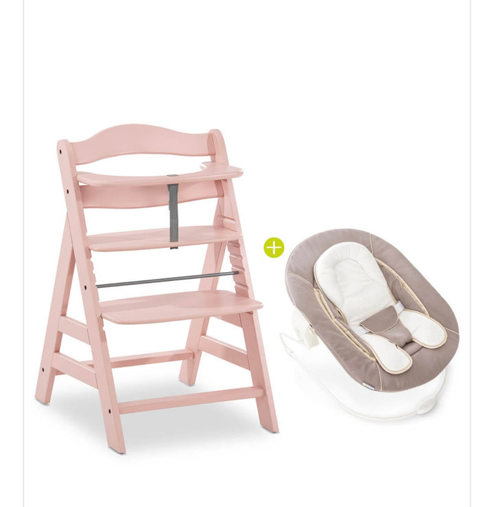 Hauck Alpha+ Wooden Highchair & Bouncer - Rose/Beige