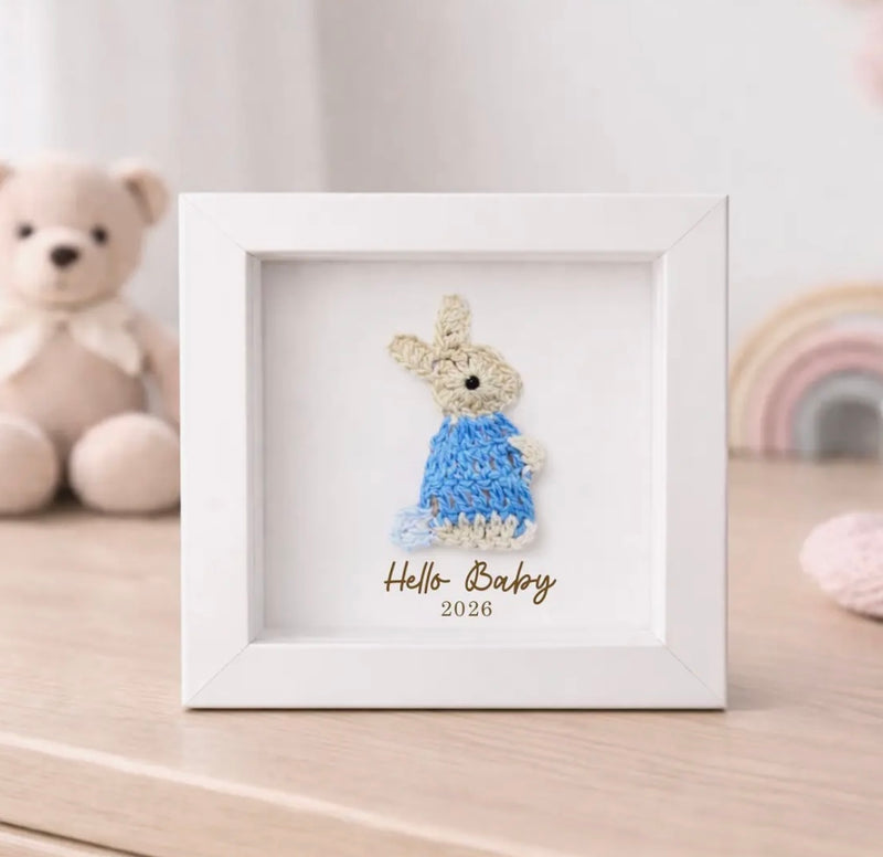 Hello Baby Framed Crochet Keepsake Gift - Blue