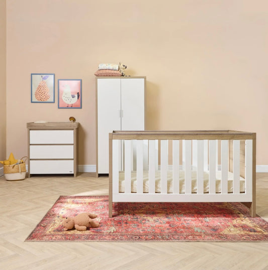 Tutti Bambini Modena Complete Nursery Bundle with Mattress, Bedding, Storage & Shelving - White/Oak