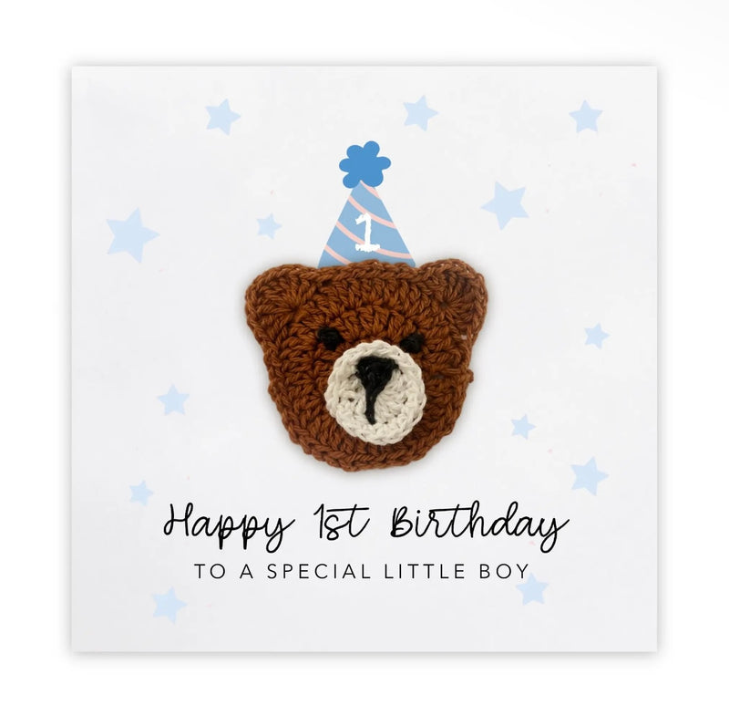 1st Birthday Crochet Bear Card – Boy