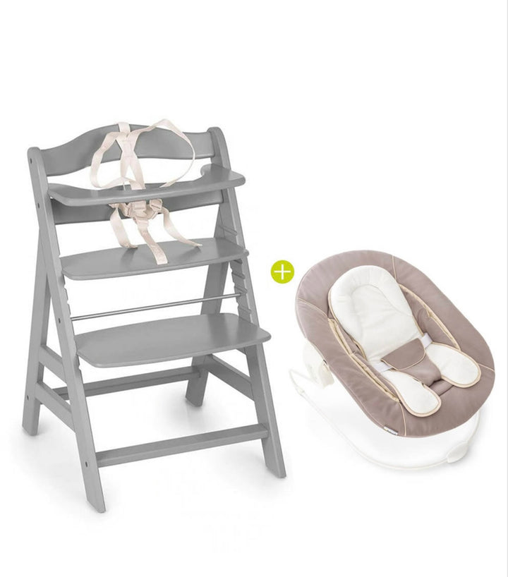 Hauck Alpha+ Wooden Highchair & Bouncer - Grey/Beige